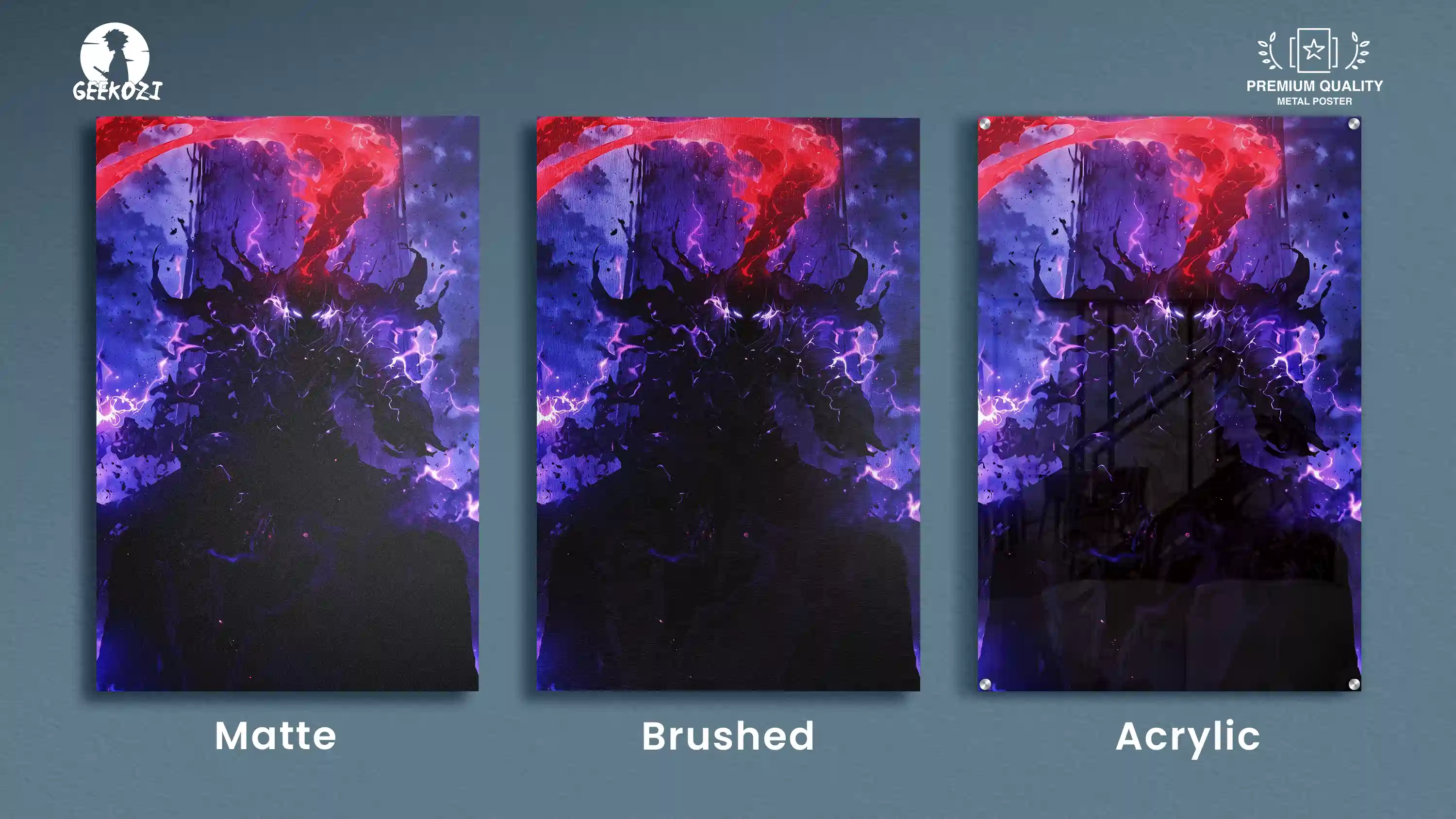 Finish comparison of the Igris anime metal poster across matte, brushed, and acrylic