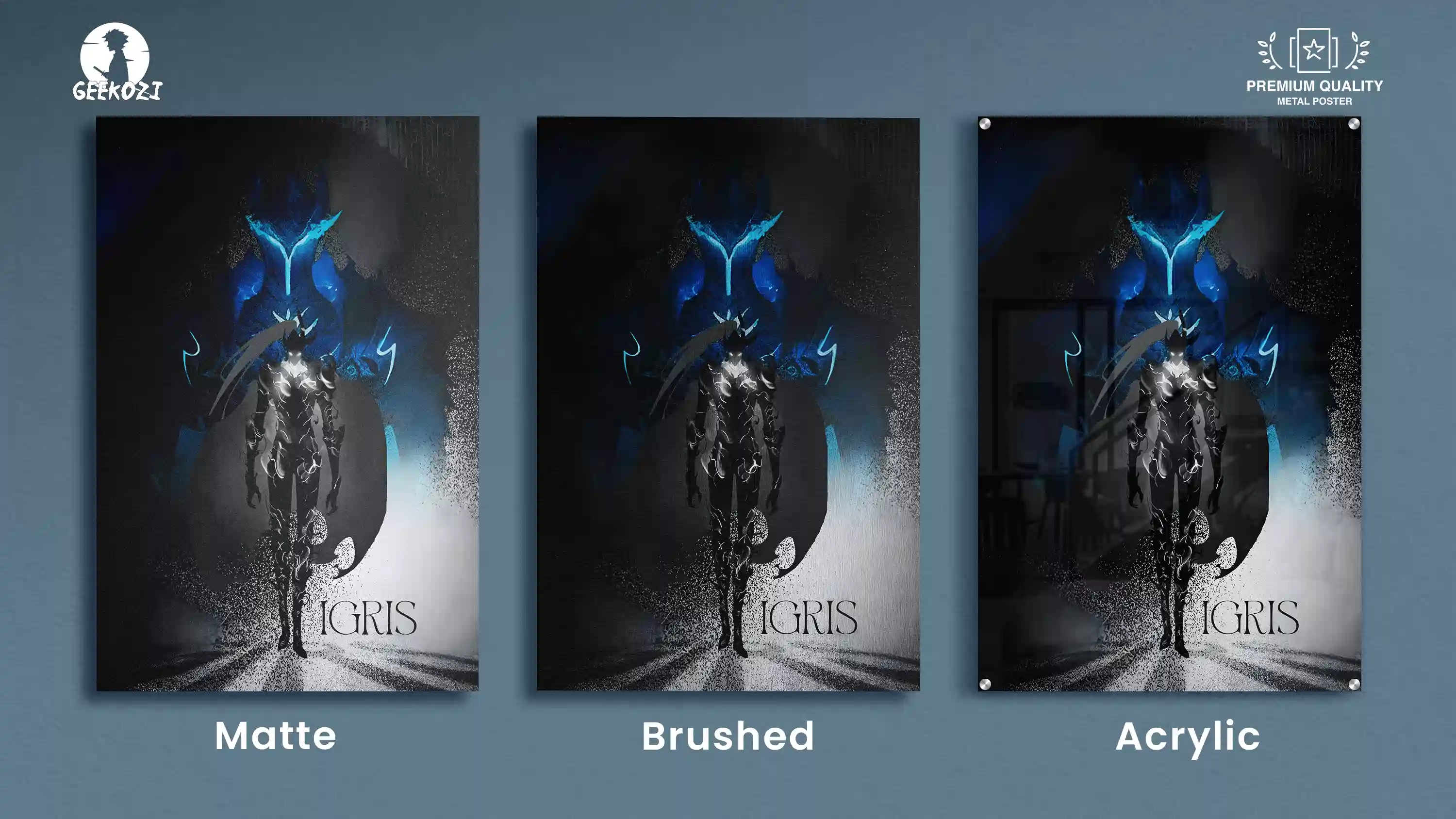 Igris Solo Leveling anime metal poster shown in matte brushed and acrylic finishes side by side
