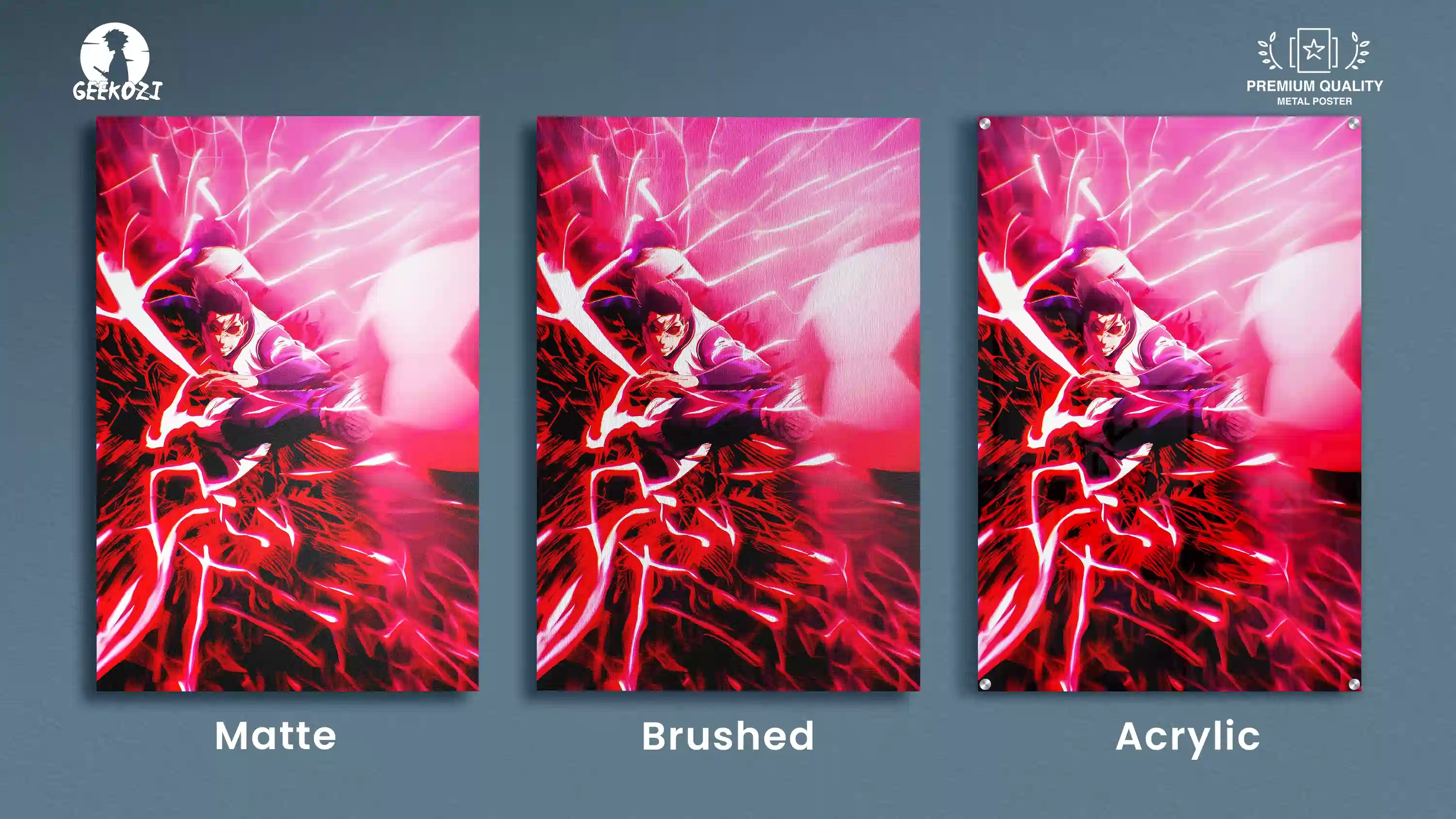 All three finish options for the King Barou Premium Printed Metal Poster shown together: matte, brushed, acrylic