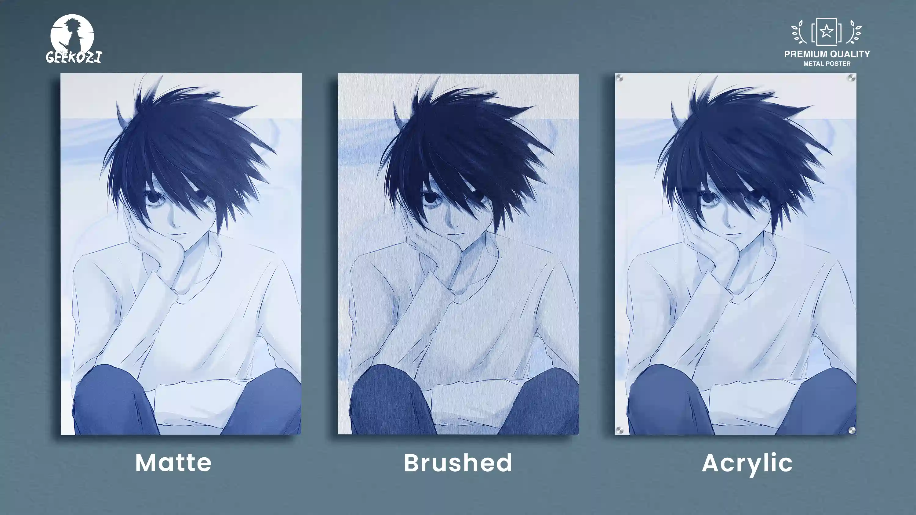 All three finish options for the L Metal Wall Art Poster shown together: matte, brushed, acrylic