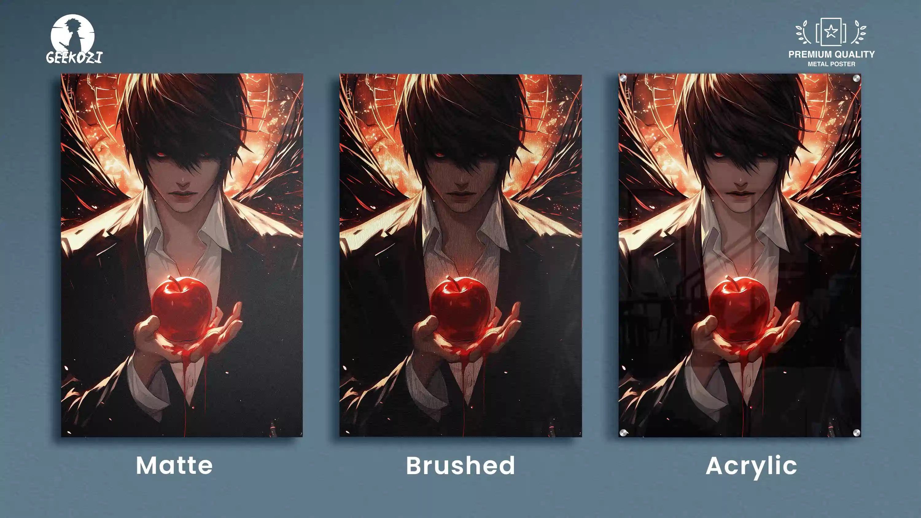 Light Yagami Aluminium Metal Print finish comparison matte brushed acrylic from Geekozi anime collection