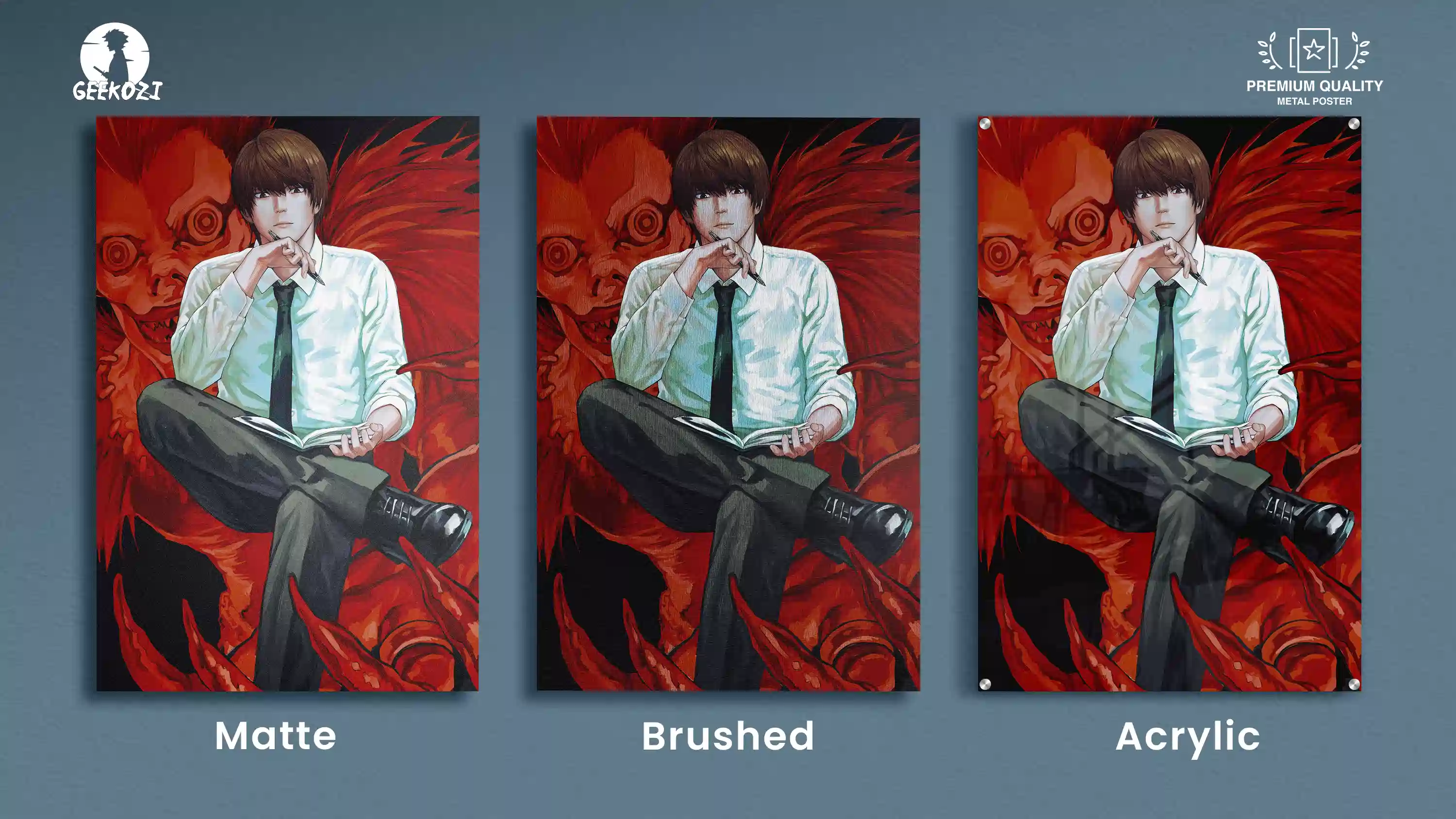 Light Yagami Death Note anime metal poster shown in matte brushed and acrylic finishes side by side