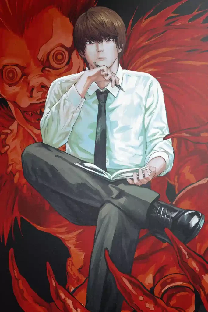 Light Yagami Death Note anime metal poster artistic showcase image highlighting the design narrative