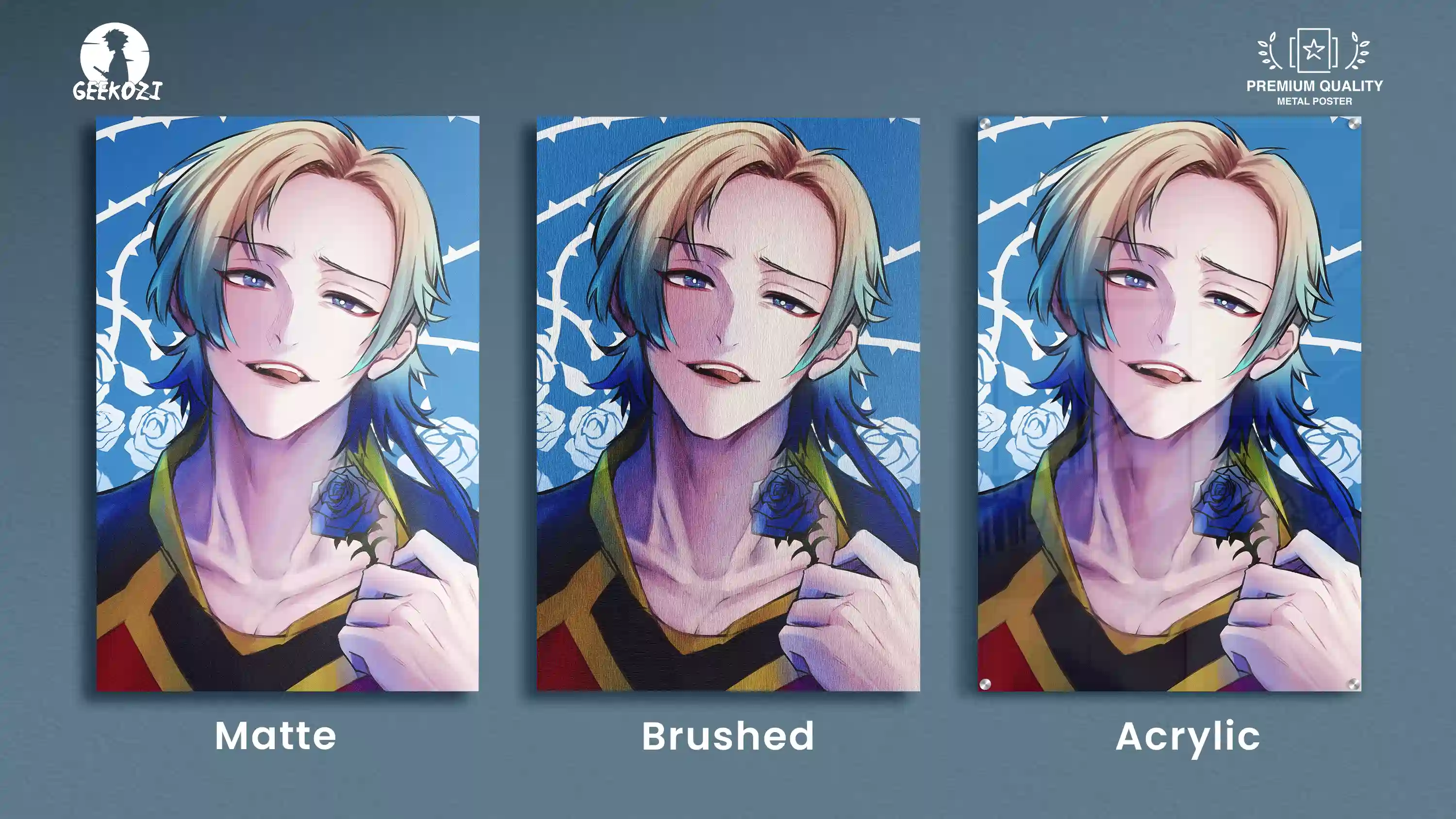 Michael Kaiser Premium Printed Metal Poster finish comparison matte brushed acrylic from Geekozi anime collection