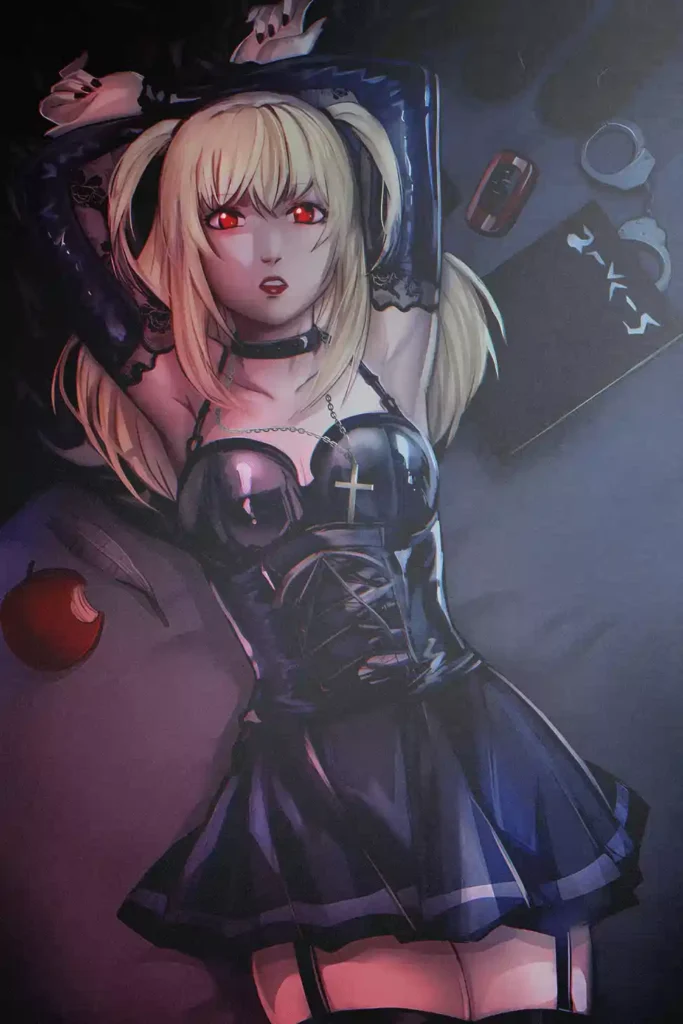 Misa Amane Death Note anime metal poster artistic showcase image highlighting the design narrative