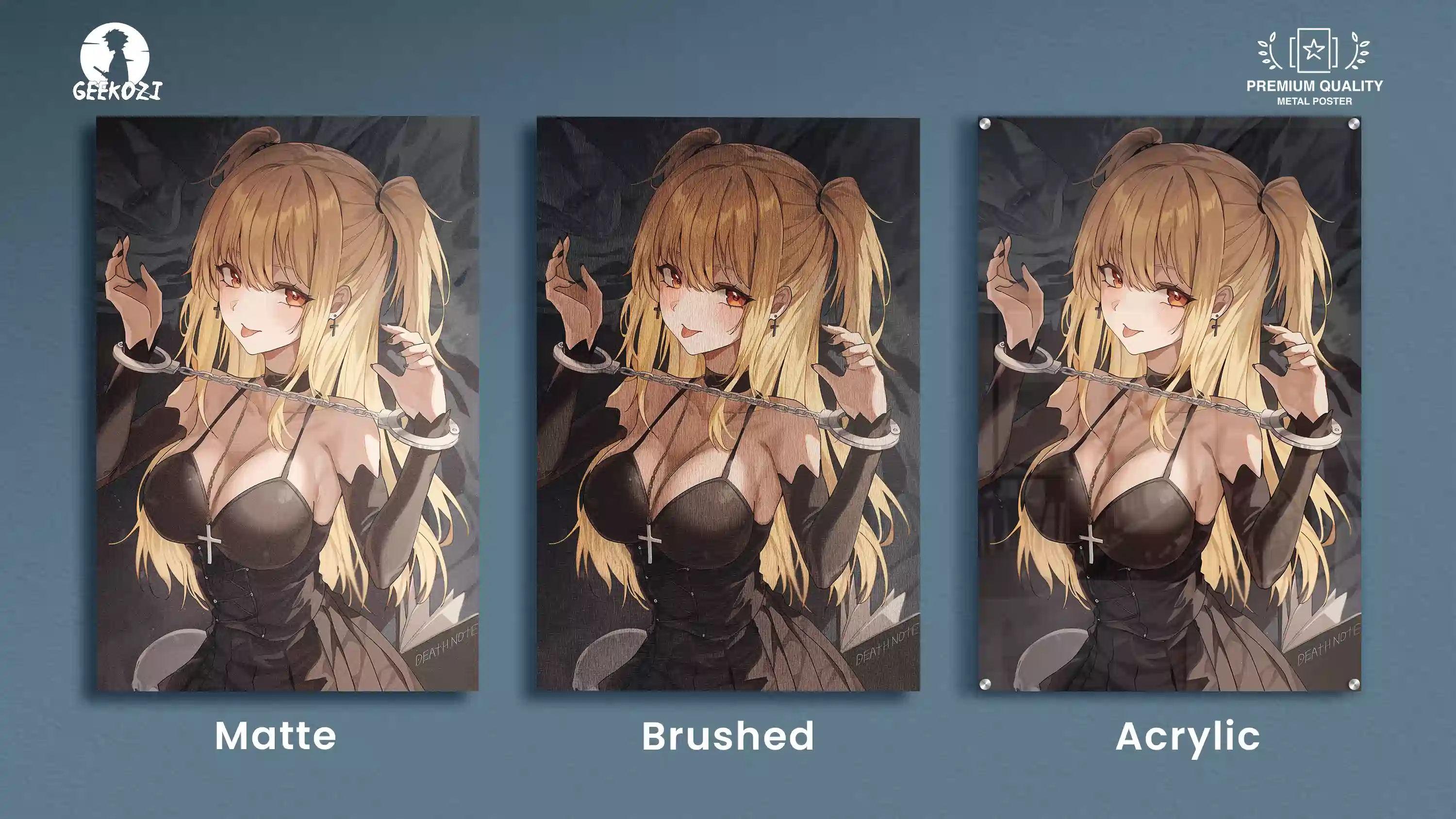 Finish comparison of the Misa Amane anime metal poster across matte, brushed, and acrylic