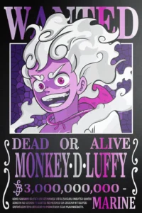 One Piece Monkey D. Luffy Gear 5 wanted poster in purple, pink, and white.