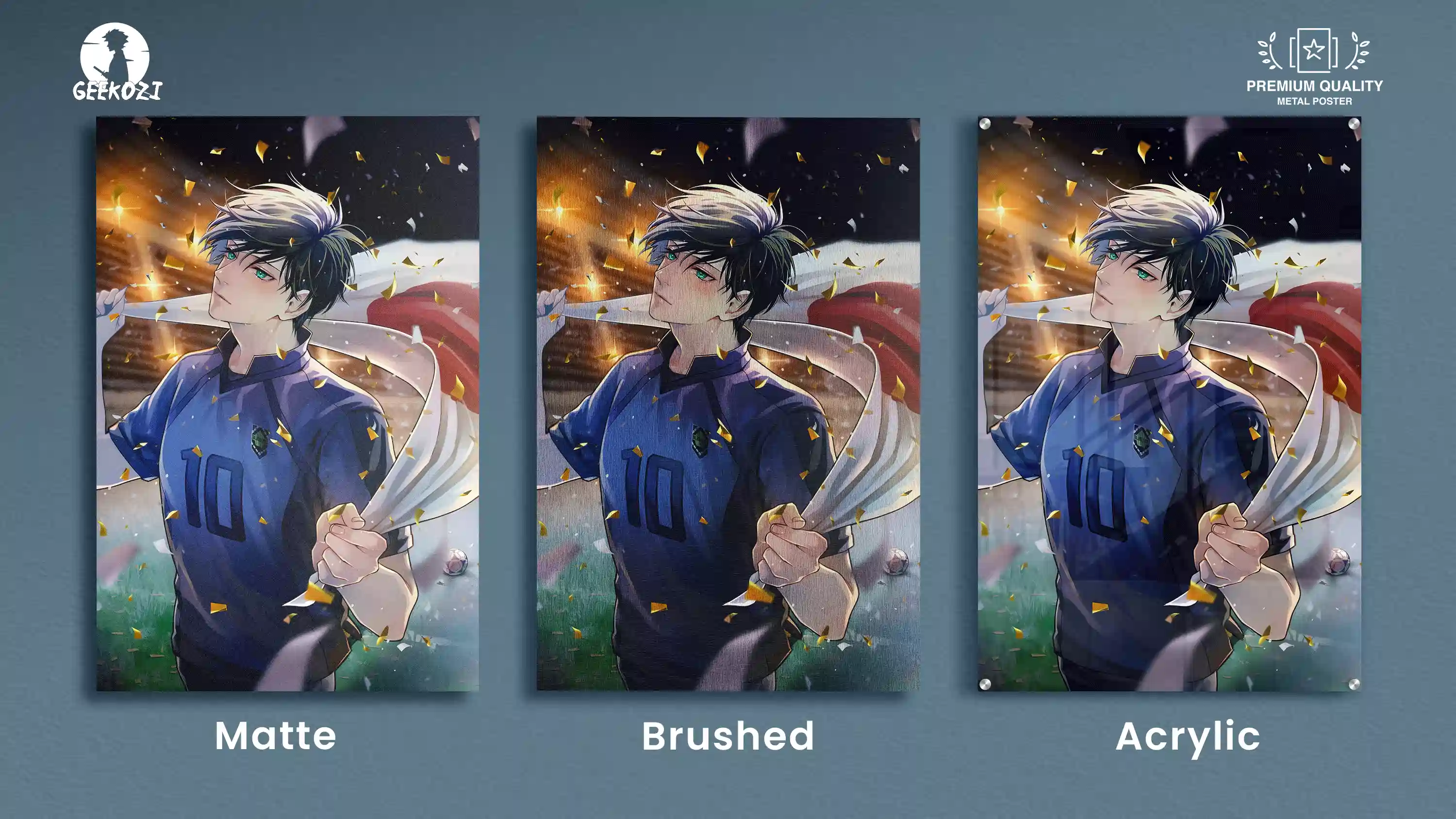 All three finish options for the Rin Itoshi High Quality Metal Poster shown together: matte, brushed, acrylic