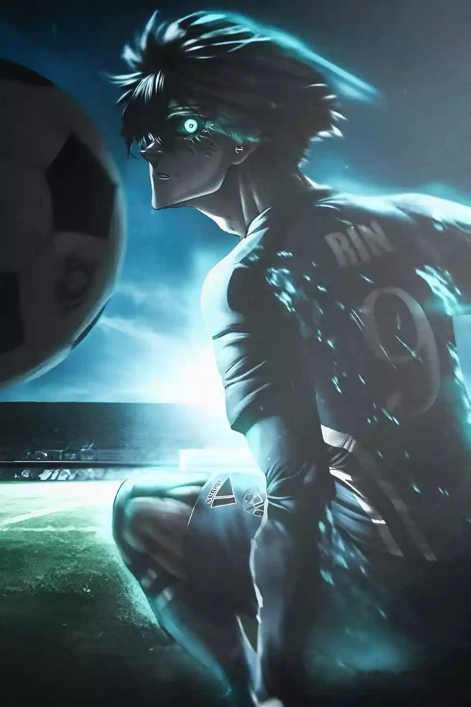 Rin Itoshi Blue Lock anime metal poster artistic showcase image highlighting the design narrative