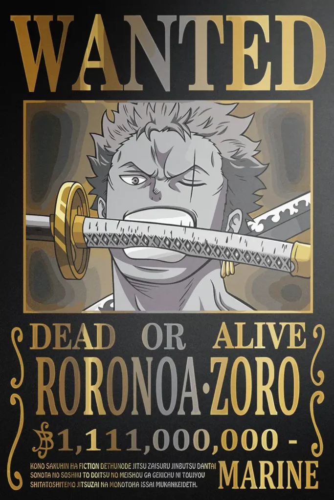 Roronoa Zoro Wanted Poster One Piece Original Image Premium Aluminium Metal Wall Art