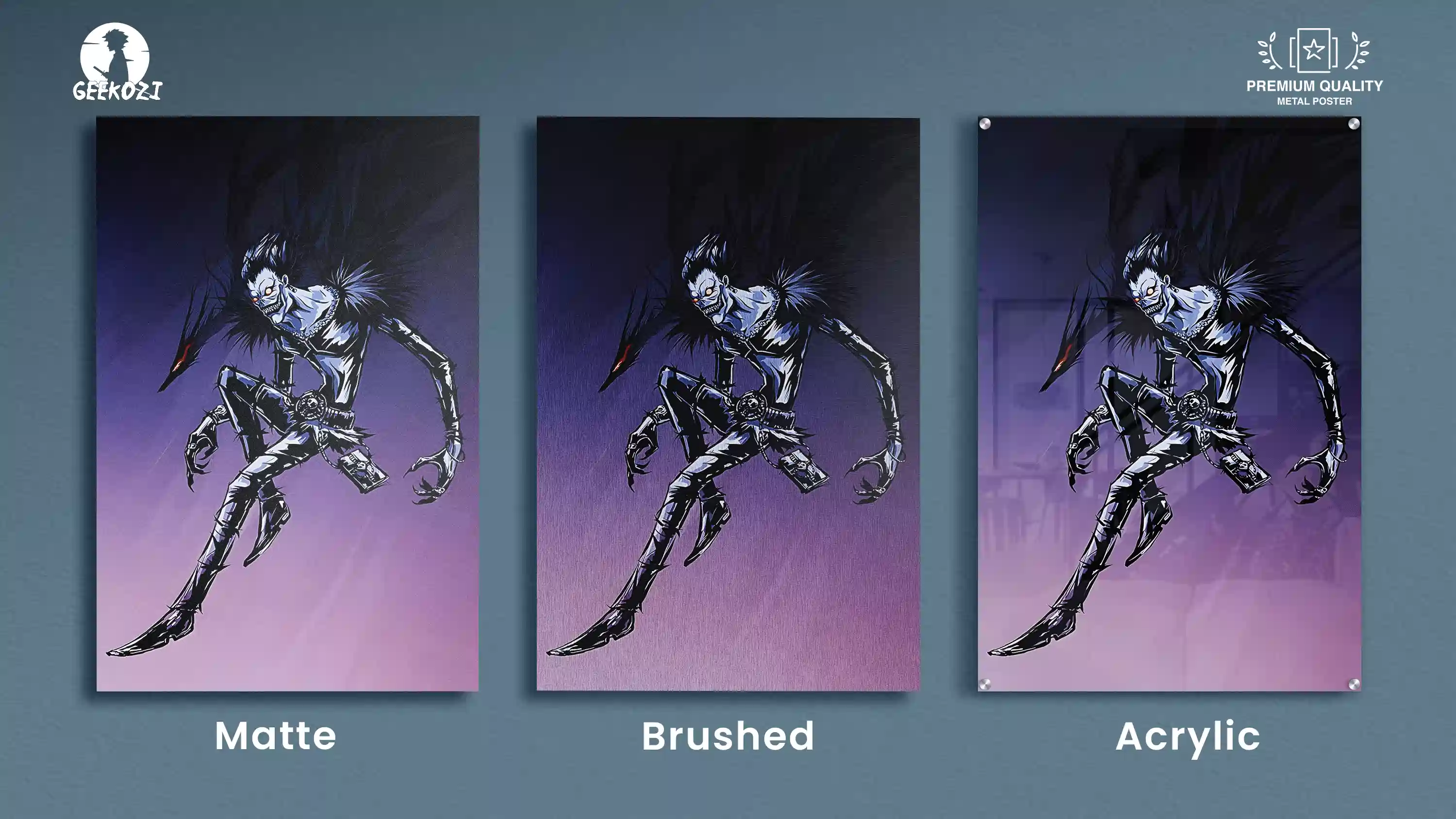 Ryuk Death Note anime metal poster shown in matte brushed and acrylic finishes side by side