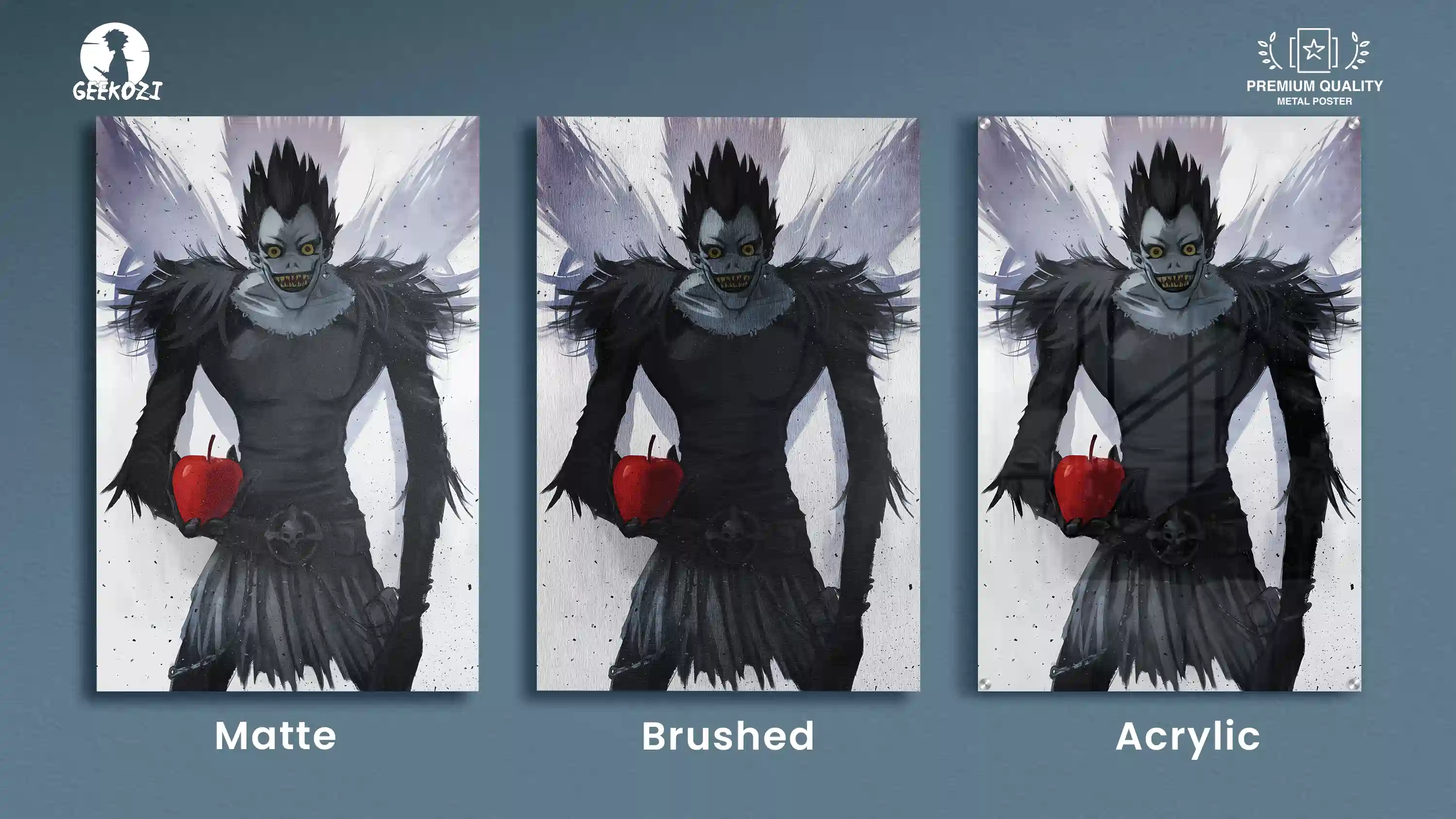 Ryuk Metal Print Wall Art finish comparison matte brushed acrylic from Geekozi anime collection