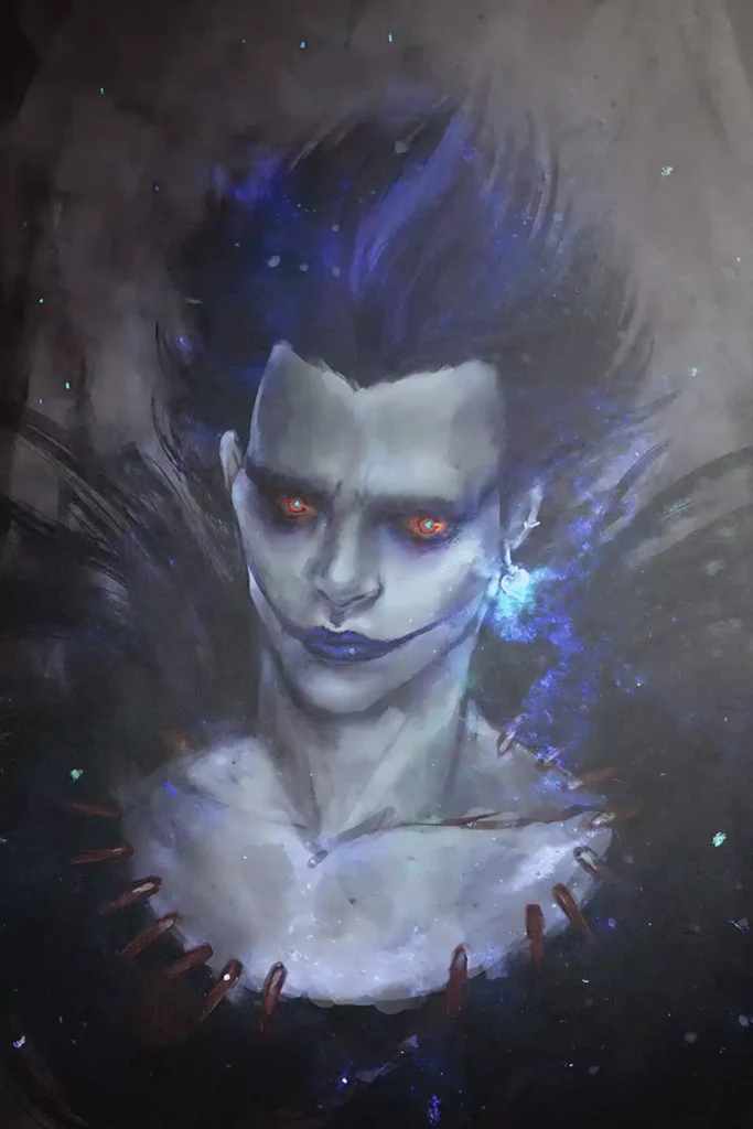 Artistic showcase photo of the Ryuk Printed Deluxe Metal Wall Poster