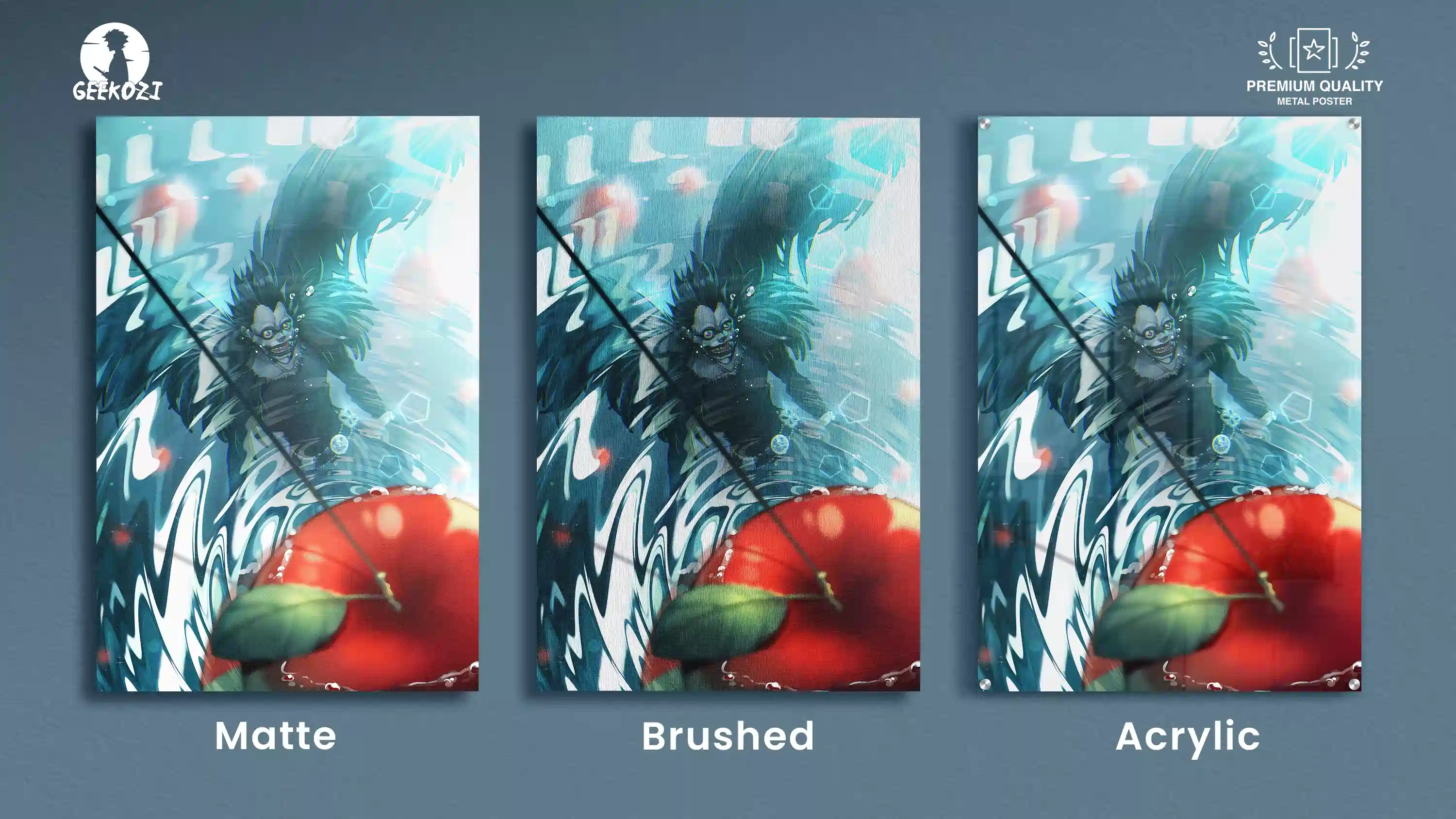 Ryuk Printed Metal Poster-1 finish lineup: matte, brushed, and acrylic shown side by side