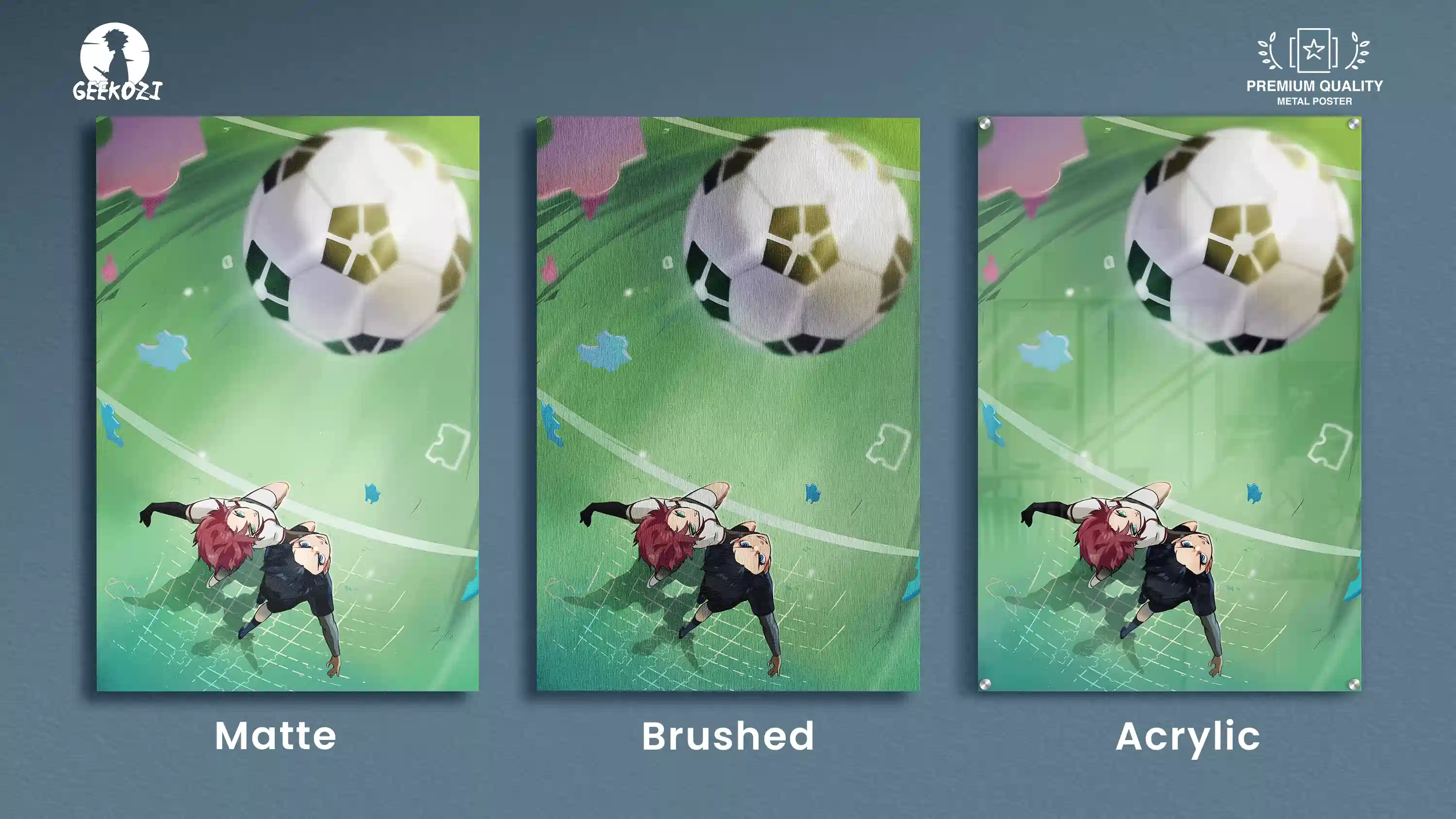Finish comparison of the Sae Itoshi anime metal poster across matte, brushed, and acrylic