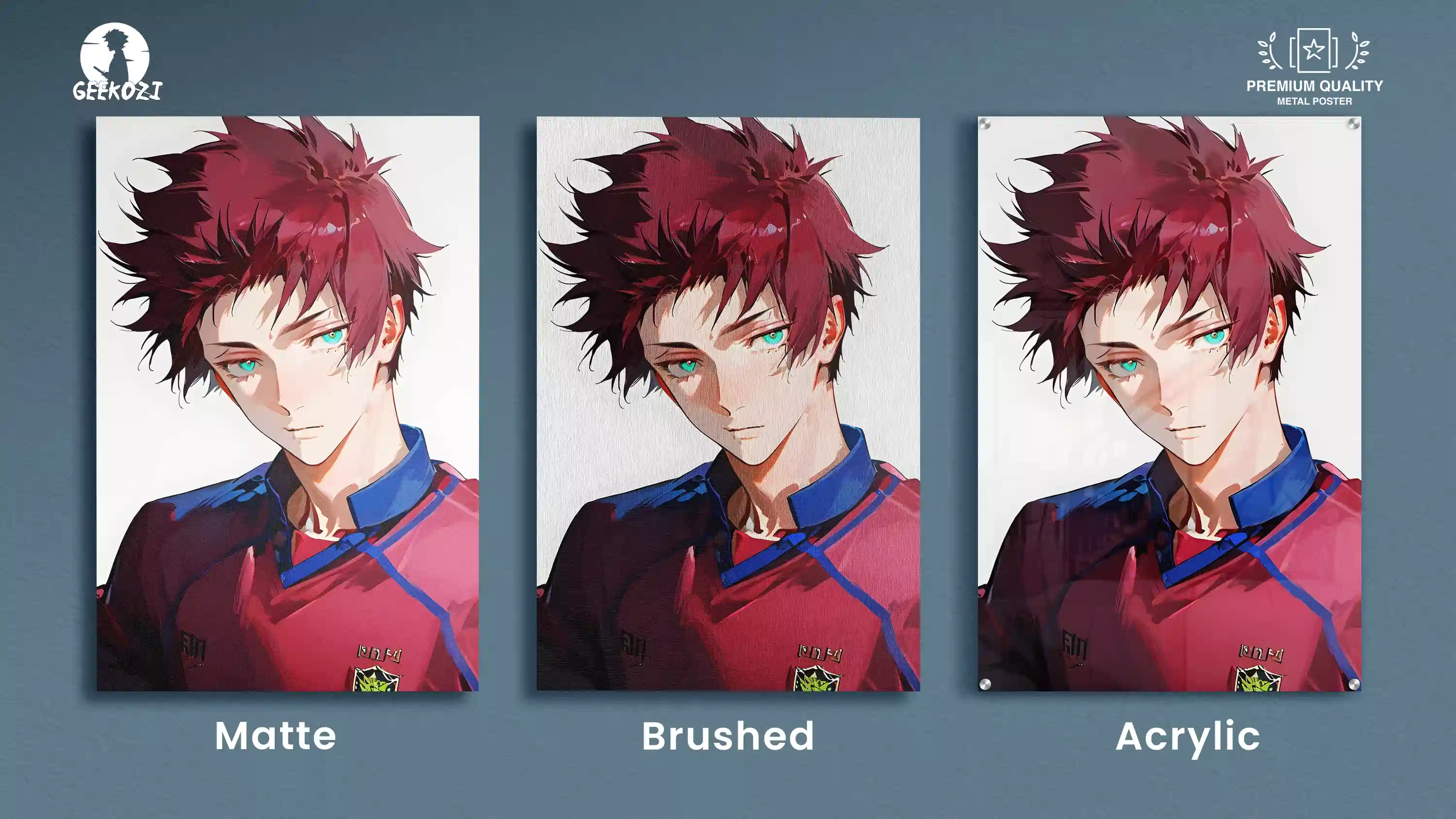 Finish comparison of the Sae Itoshi anime metal poster across matte, brushed, and acrylic