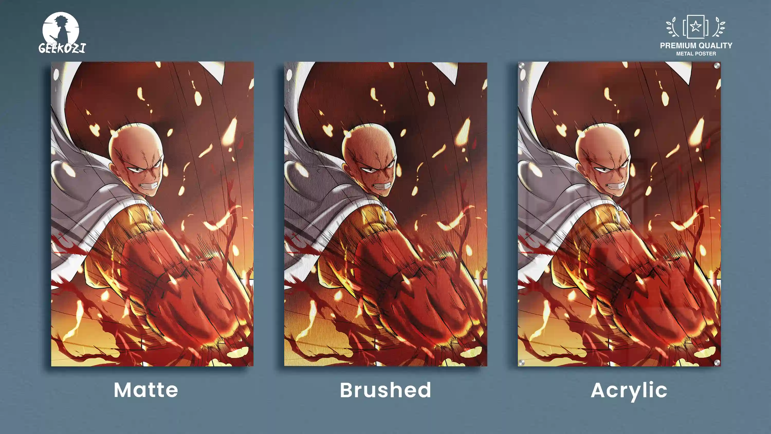 Finish comparison of the Saitama anime metal poster across matte, brushed, and acrylic