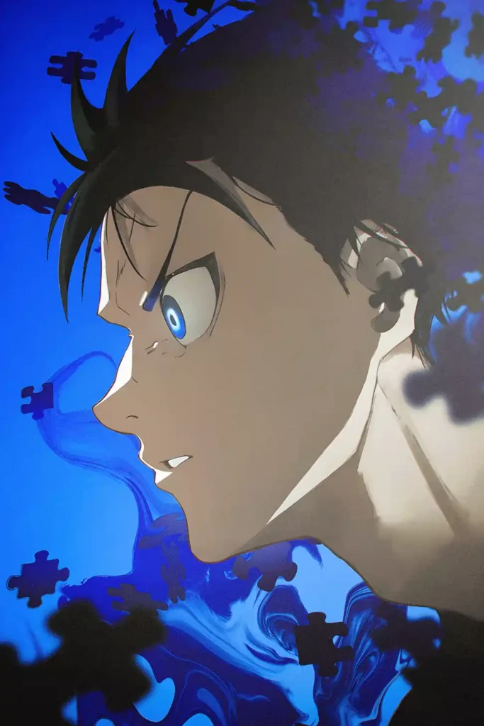 Yoichi Isagi Blue Lock anime metal poster artistic showcase image highlighting the design narrative