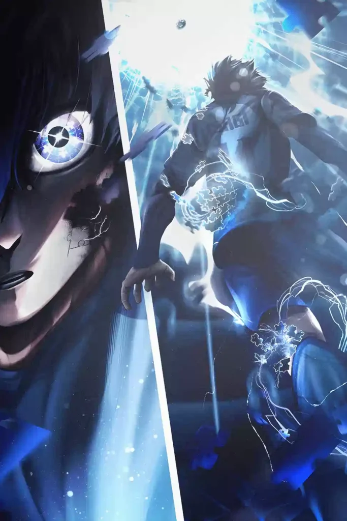 Yoichi Isagi Blue Lock anime metal poster artistic showcase image highlighting the design narrative